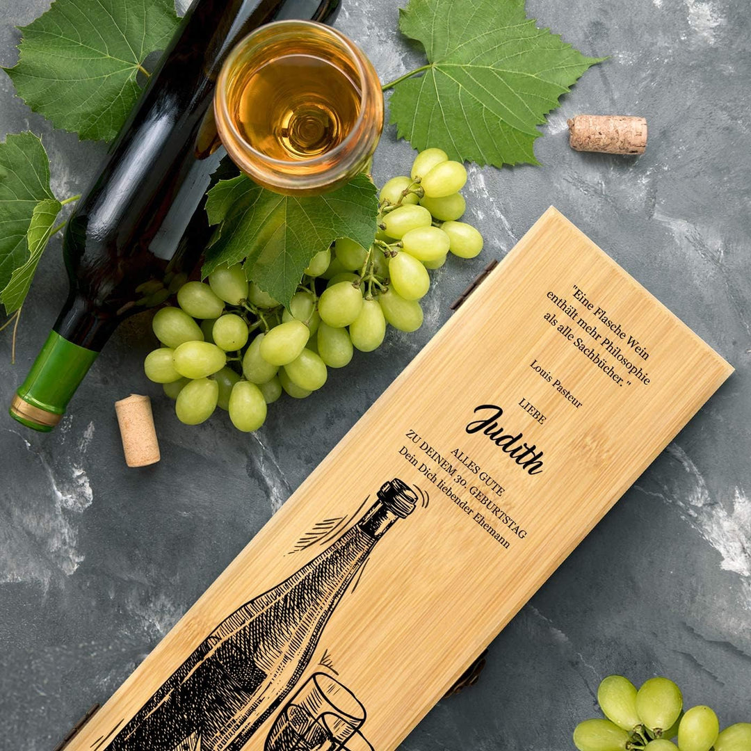 Maverton Weinbox für 0,7L Weinflasche - Wein Holzbox personalisiert + 4er Weinzubehör - Weinset Wein