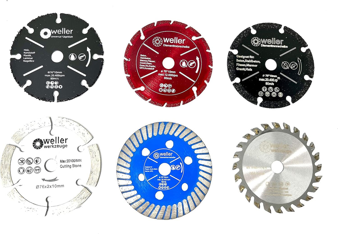 6x Sägeblatt Trennscheiben Set Ø76x10mm für mini Akku Winkelschleifer 10,8V 12V für alle Materialien
