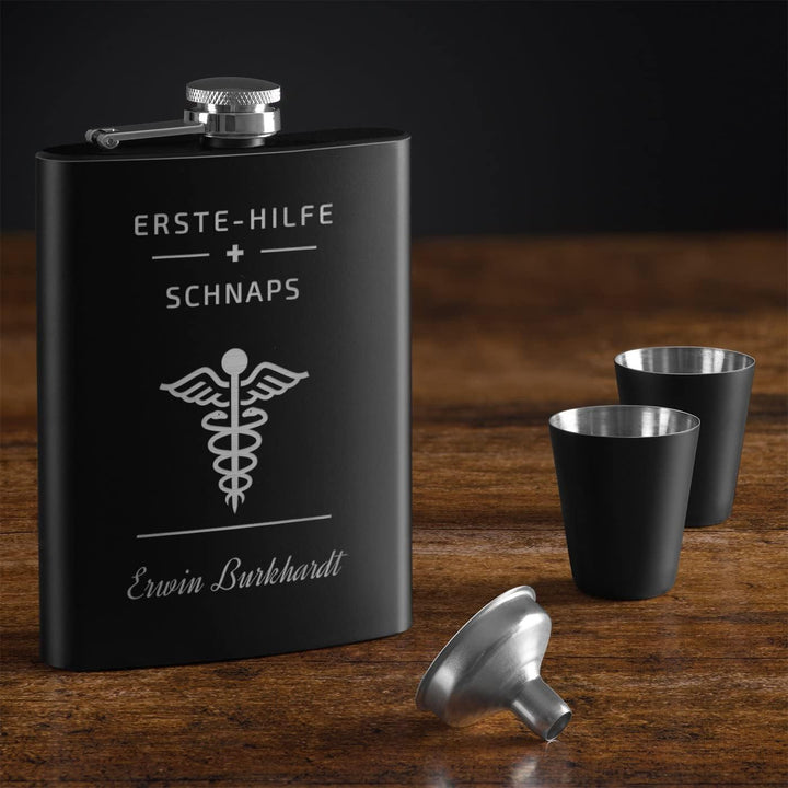 Maverton Flachmann Set 200 ml mit Gravur - Taschenflasche + 4 Schnapsgläsern 20 ml mit Trichter - Br