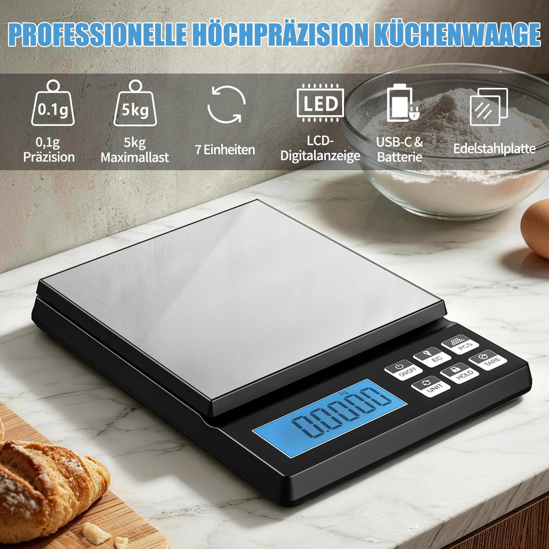 MRUN BONE Digitale Küchenwaage 5kg/0,1g – Hochpräzise Bäckereiwaage mit Zählfunktion & Tara, Edelsta