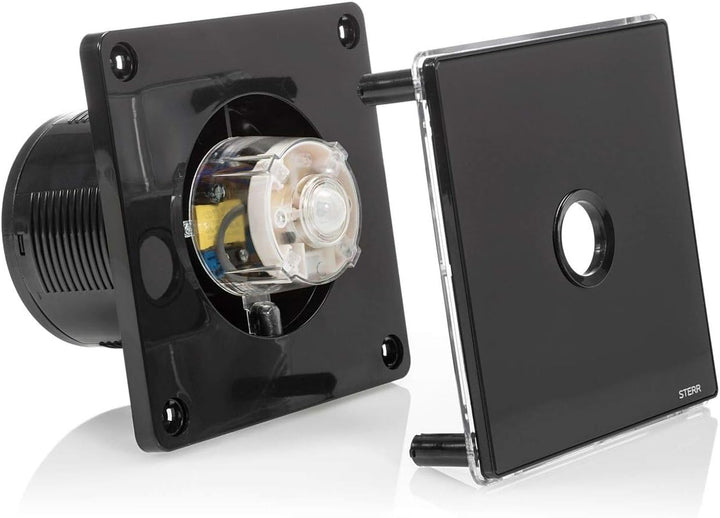 STERR Schwarzer Badlüfter 100 mm mit LED + PIR - Badezimmerventilator - Glasfront - Modernes Aussehe