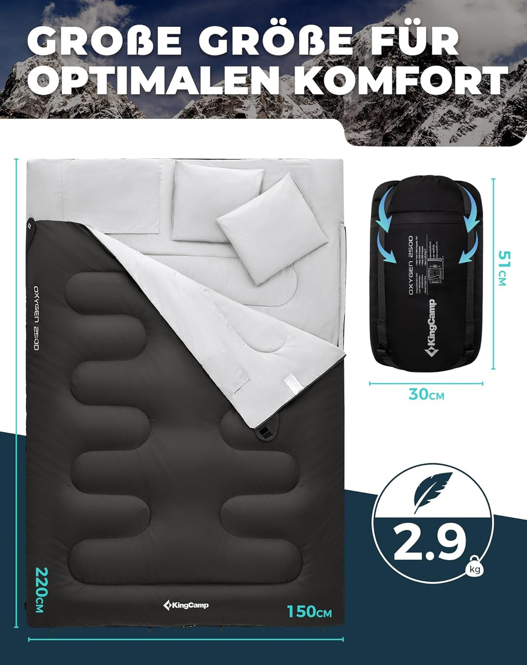 KingCamp Deckenschlafsack,Doppelschlafsack,220x150cm mit 2 Kissen,Schlafsack für 2 Personen,12℃ bis