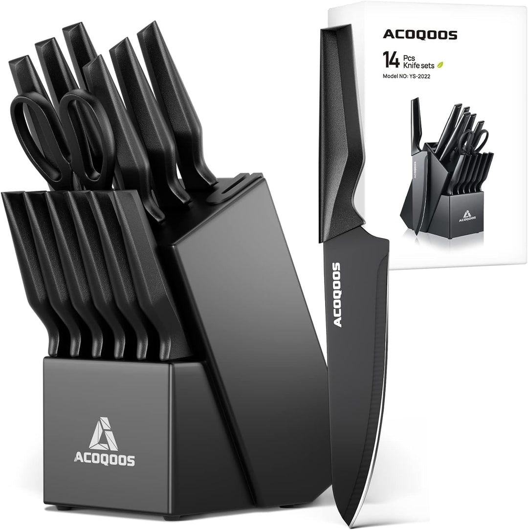 ACOQOOS Messerblock mit Messer 14-teilig, Messerset mit integriertem Schärfer für den Küchengebrauch