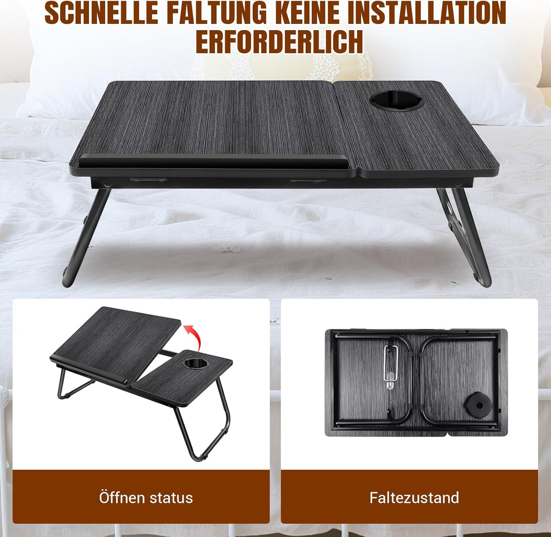 Klappbarer Laptop-Tisch mit Getränkehalter, tragbarer Betttisch für Laptop, Lesen, Essen & Arbeiten,