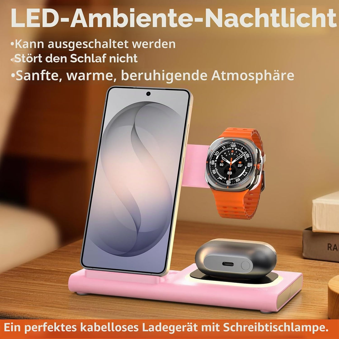 3 in 1 Ladestation für Samsung Induktive Ladestation [Faltbar &amp; Nachtlicht] rose, rose