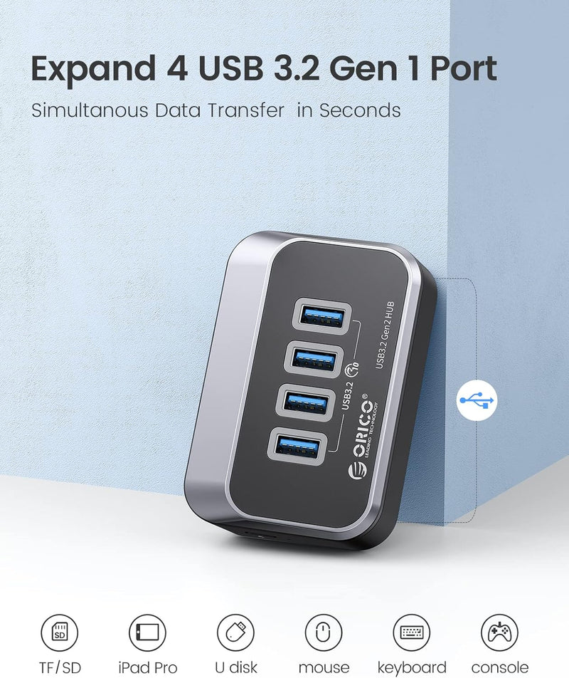 USB C Hub, ORICO 4 Port USB 3.2 Gen 2 Data Hub 10Gbps, ABS USB Splitter mit 0,5M Datenkabel, USB Ver