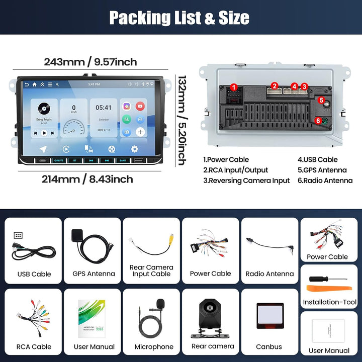 CAMECHO 4+128G Android 15 Autoradio 9 Zoll für VW Golf 5 6 Polo Passat Seat Touran Skoda Tiguan mit
