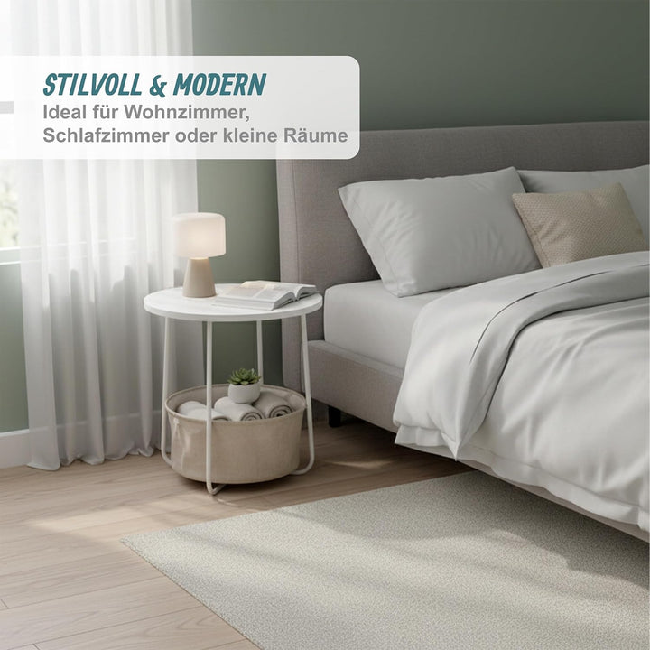 Relaxdays Beistelltisch, runder Couchtisch, mit Stoffkorb, HD 50x45 cm, Kaffeetisch Wohnzimmer, MDF