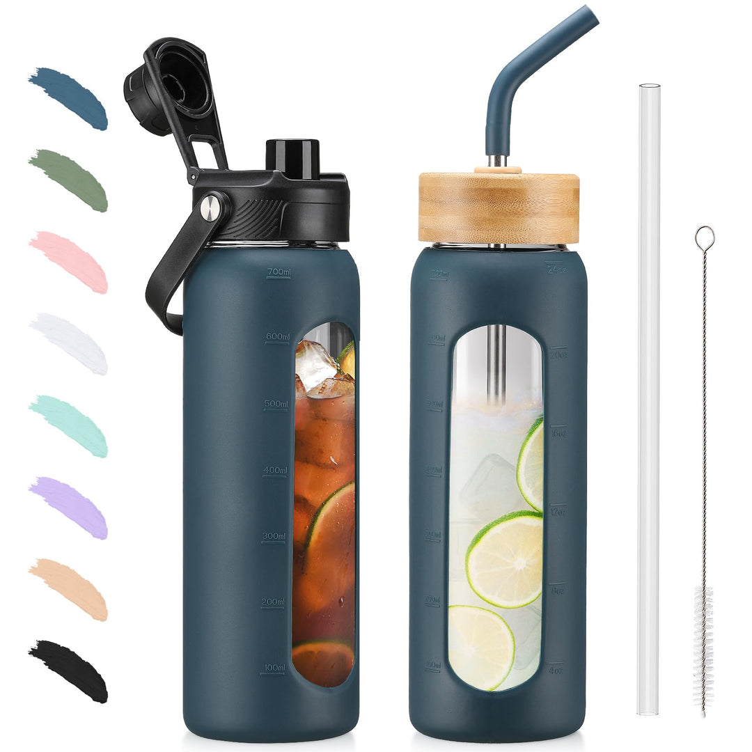 BLUEGO Trinkflasche Glas 700ml Sport Wasserflasche mit 2 Deckeln und Strohhalm Auslaufsichere Glasfl
