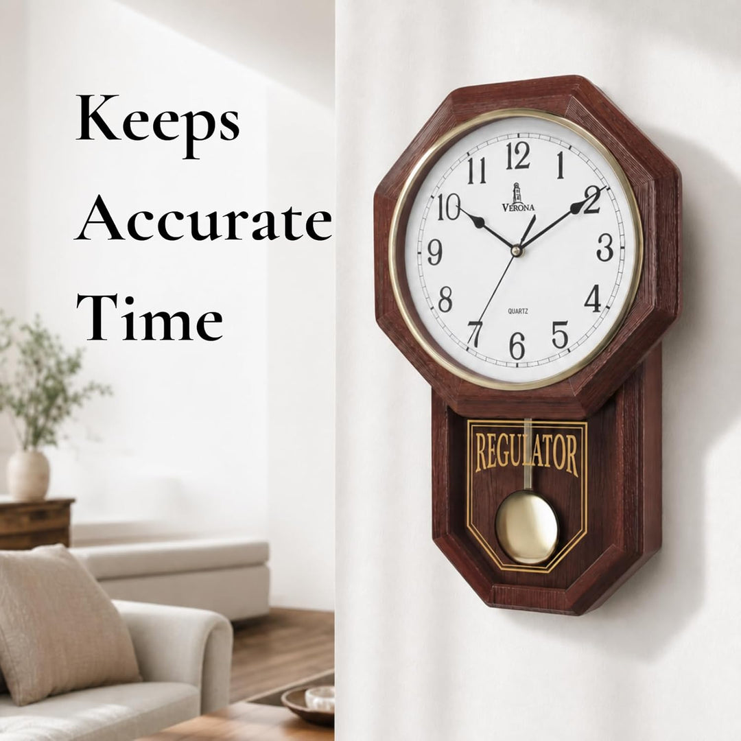 Verona Uhren Holz Pendel Wanduhr – dekorative Wanduhr mit Schwingendes Pendel – 45,7 x 28,6 cm – Qua