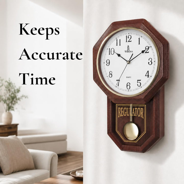 Verona Uhren Holz Pendel Wanduhr – dekorative Wanduhr mit Schwingendes Pendel – 45,7 x 28,6 cm – Qua