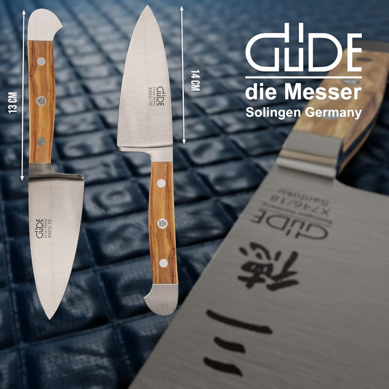 GÜDE Solingen - Hartkäsemesser Käsemesser geschmiedet, 10 cm, Olivenholz, ALPHA OLIVE, Doppelkropf,