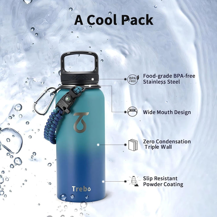 Trebo 946 ml Wasserflasche isoliert mit Paracord-Griff und Strohhalm, vakuumisolierte doppelwandige