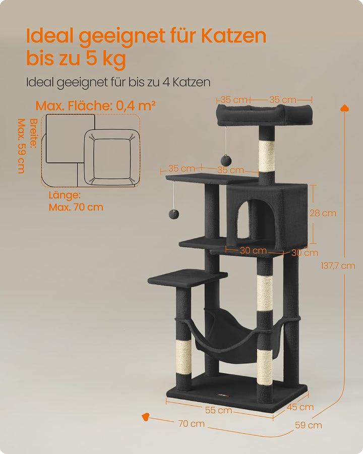 Feandrea Kratzbaum, 143 cm hoch, Katzenbaum, mehrstöckiges Katzenhaus, mit 4 Kratzsäulen, 2 Plattfor