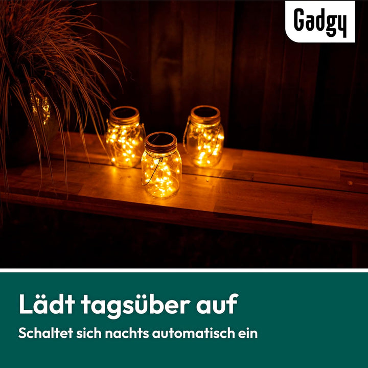 Gadgy Solarglas für Aussen Wasserdicht | Set 3 Stück | Gartendeko Draussen | Balkon licht | Terrasse