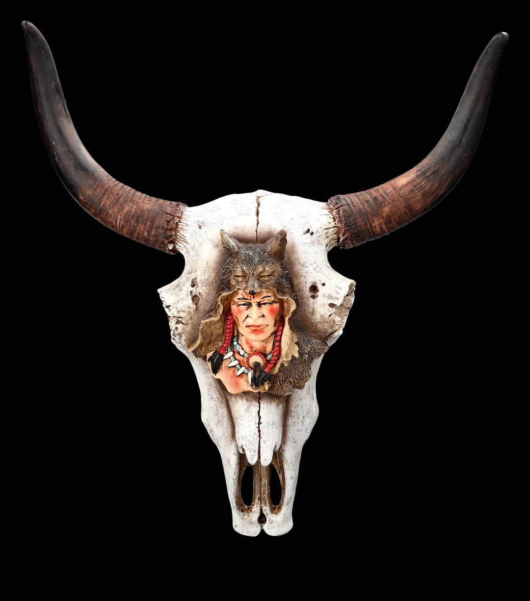 Figuren Shop GmbH Wanddeko Totenkopf Rind mit Indianer Relief 35 cm gross - Relief mit Hörnern | Tro
