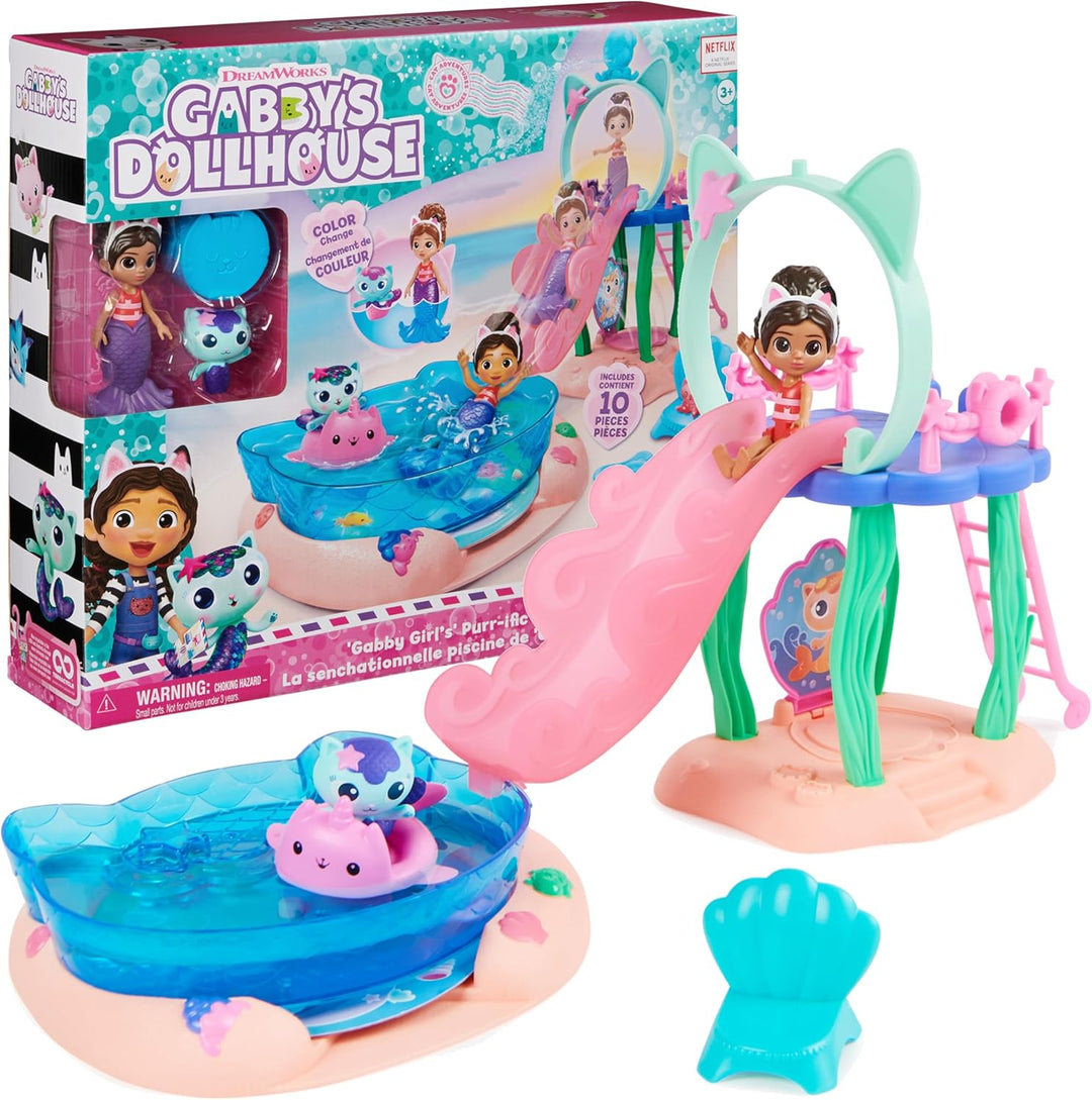 Gabby’s Dollhouse, Purrific Pool Party Spielset mit Gabby- und Meerkätzchen-Figur & Deluxe Raum, Swe
