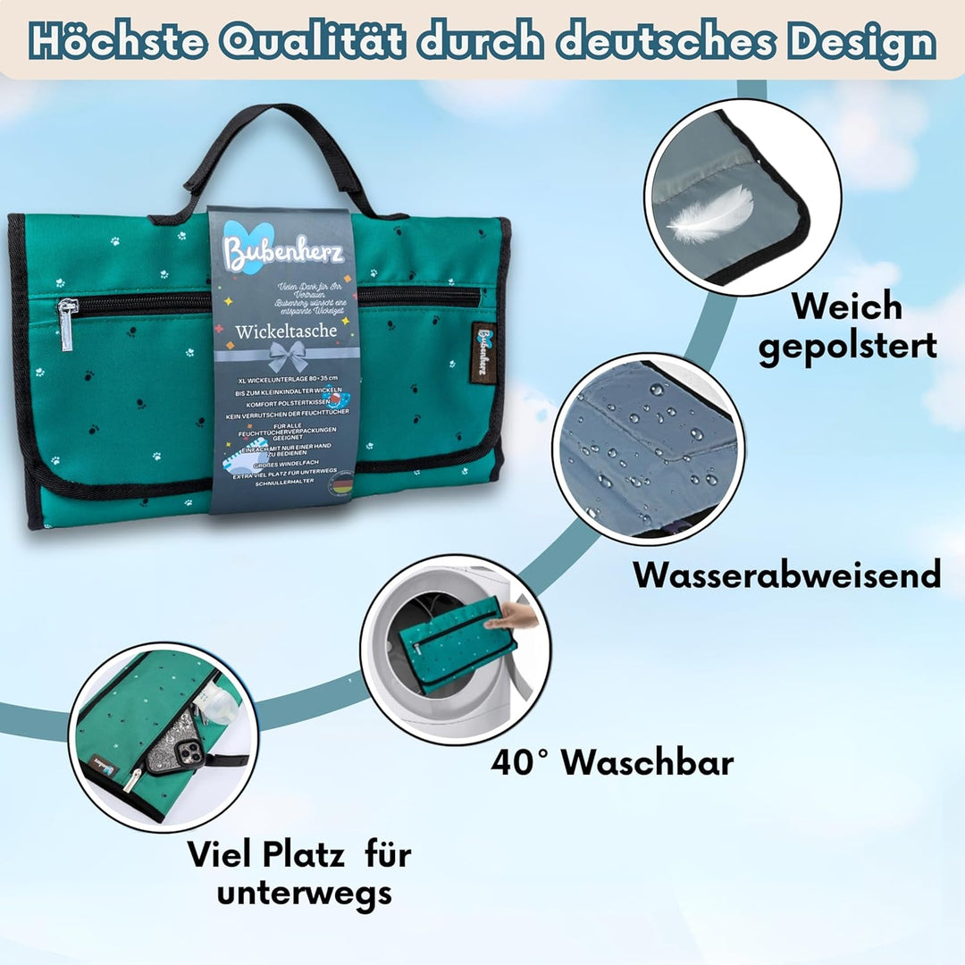 BUBENHERZ Windeltasche Für Baby & Kleinkind mit XL Wickelunterlage für unterwegs - Anti-Rutsch-Feuch