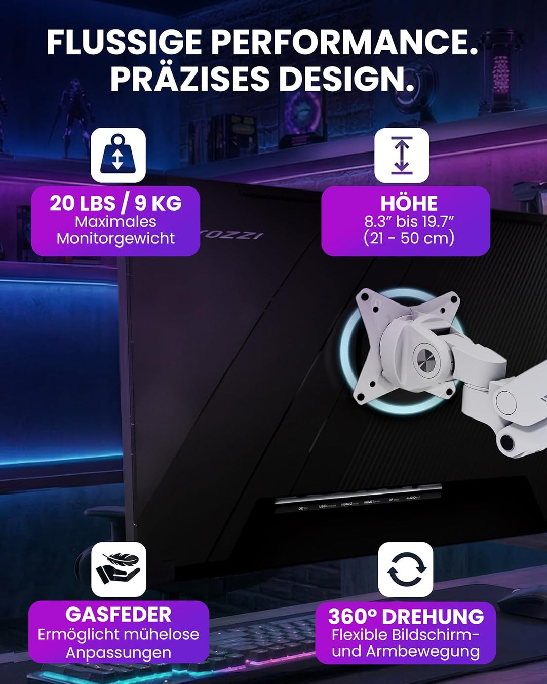Arozzi Alzare Neo Single Gasdruckfeder-Monitorarm - Vollbewegung, Höhenverstellbar 21–50 cm, VESA 75