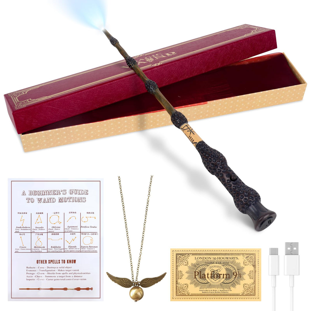 PLLYPE Zauberstab mit Licht, 38cm USB Aufladung Elderstab, Magic Wand in Geschenkbox mit Zauberspruc
