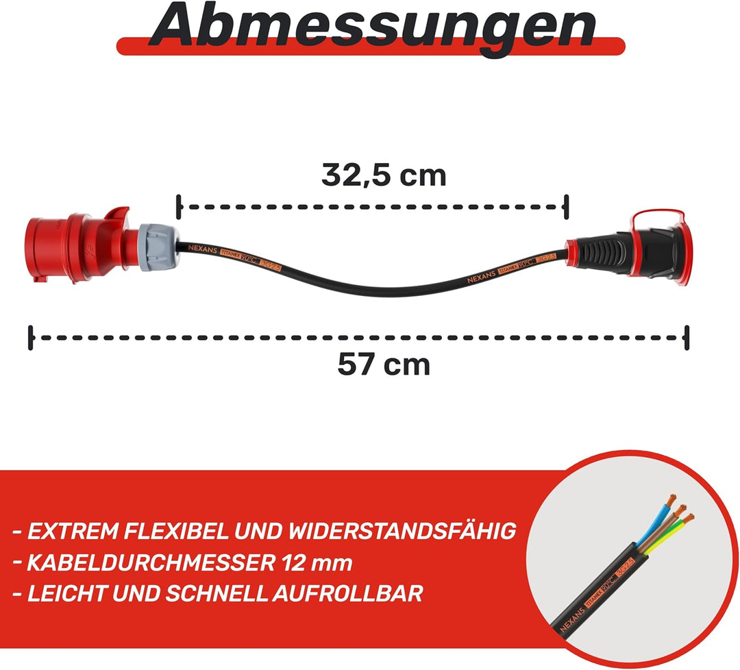 NWP Adapter 16A 400V Stecker Starkstrom auf 230V Schuko Kupplung - IP44-3x2,5mm² Gummischlauchleitun
