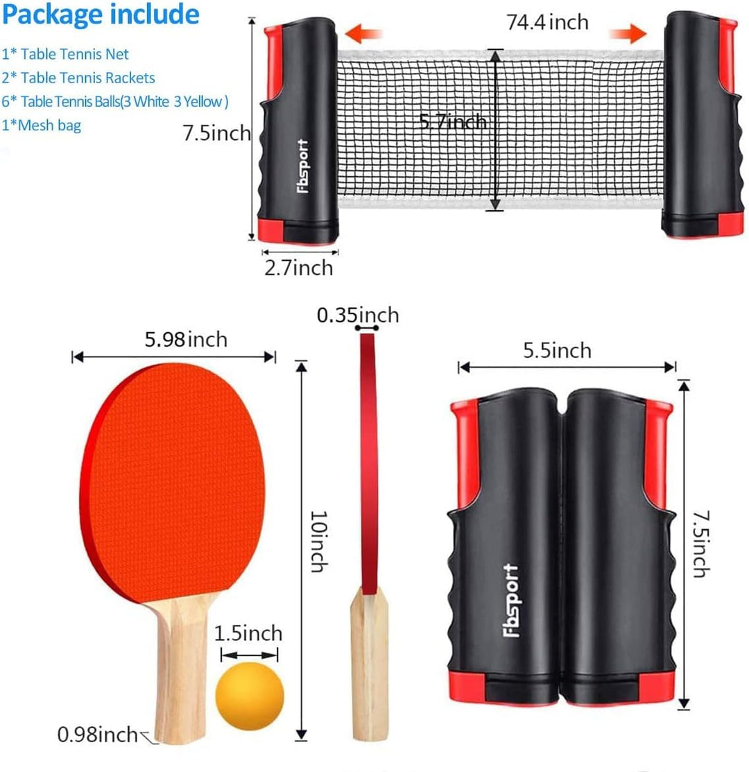 FBSPORT Tischtennis Set Profi, 2 Tischtennisschläger + Einziehbarem Netz + 6 Tischtennis-Bälle + 1 T