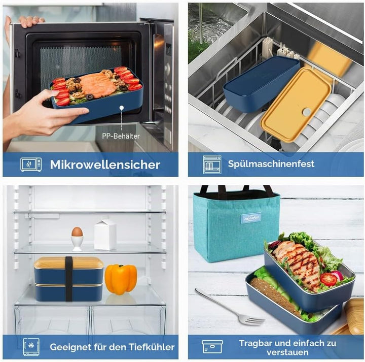 Bento Box, Lunchbox Brotdose mit Fächern 2 Ebenen mit 2 Stück Umweltfreundlichen PP & Edelstahlbehäl