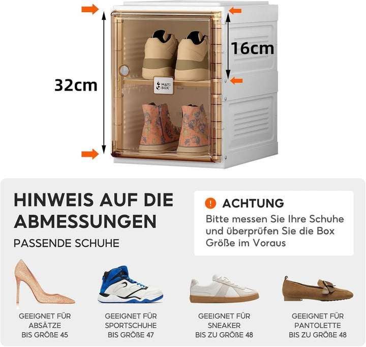 Transparente schuhregal,schuhboxen stapelbar Braun, mit magnetischer Tür, für Stöckelschuhe, Stiefel