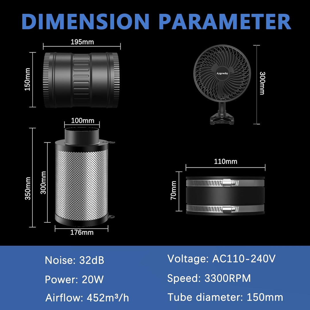 150mm Abluftset,Inline Rohrventilator,Lüftungsset mit Clip-On-Ventilator, Thermo-Hygrometer Aktivkoh