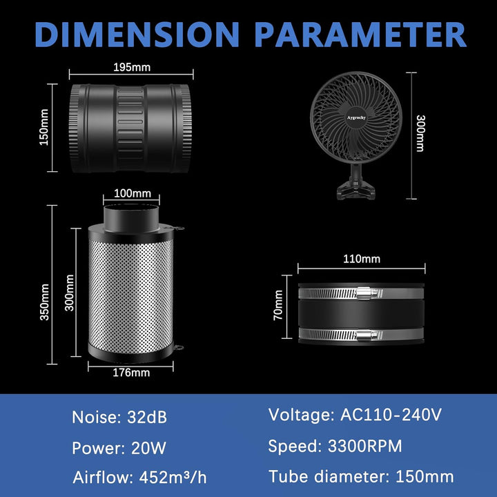 150mm Abluftset,Inline Rohrventilator,Lüftungsset mit Clip-On-Ventilator, Thermo-Hygrometer Aktivkoh