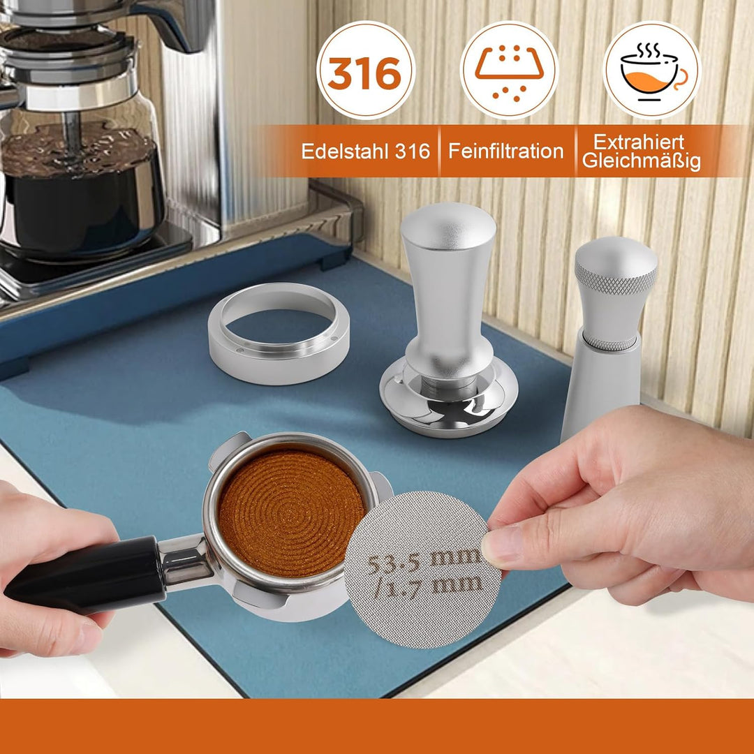 Kaffee Tamper 54mm Set, Aufgerüstet Espresso Tamper set inkl. WDT Tool, Dosierring 54mm, Puck Screen