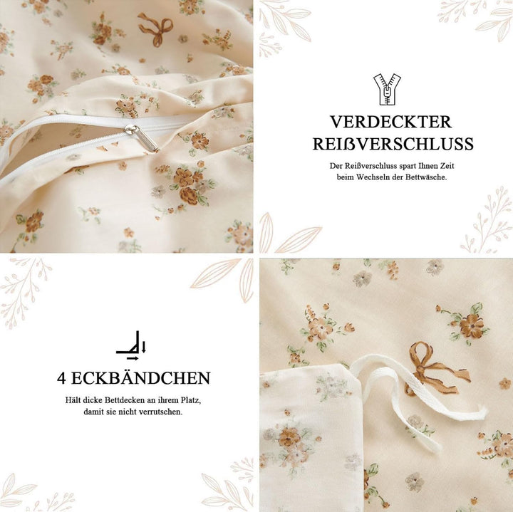 Tospass Baumwolle Bettwäsche Set 135x200cm Beige Khaki Grün Blumen Floral Schleife Mädchen Wendebett