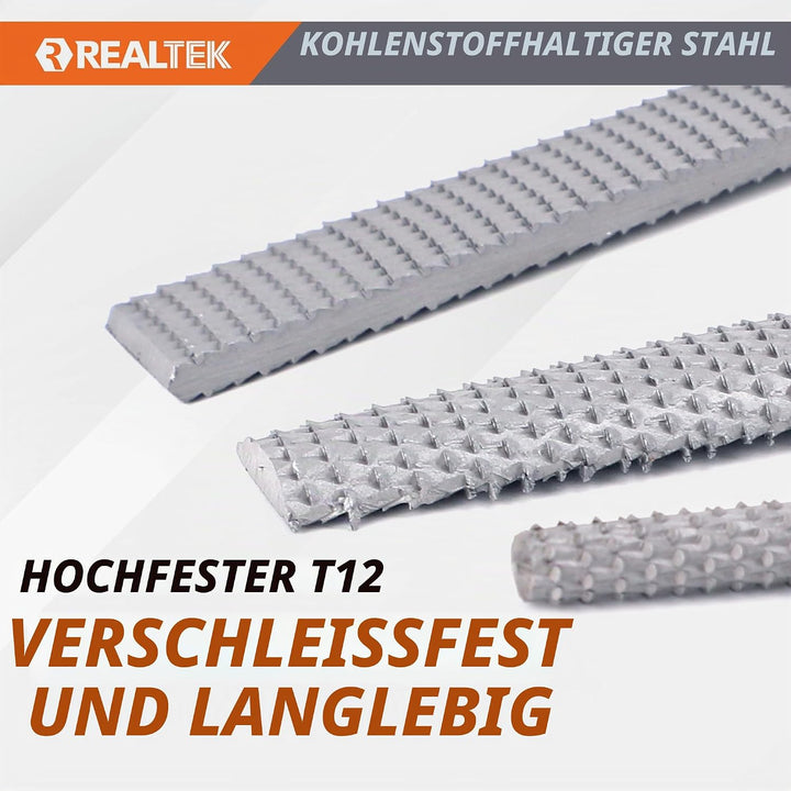 REALTEK Holzraspel Set 3tlg. inkl. Flachfeile Halbrundfeile Rundfeile, Klinge 200mm lang, Holzfeilen