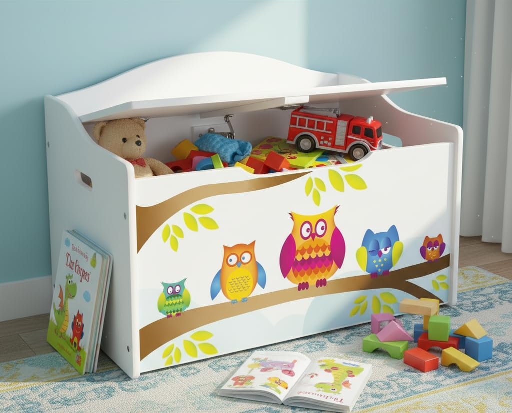 Leomark Kinderbank Hölzerne - Eulen XL - Kindertruhenbank, Behälter für Spielzeug, Truhe für Kinderz