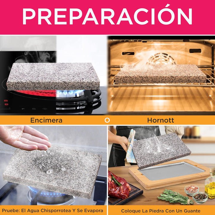 NutriChef Granitstein Grillplatte 38x27cm – Teppanyaki Tischgrill mit Bambusplatte, Antihaft, 290°C,