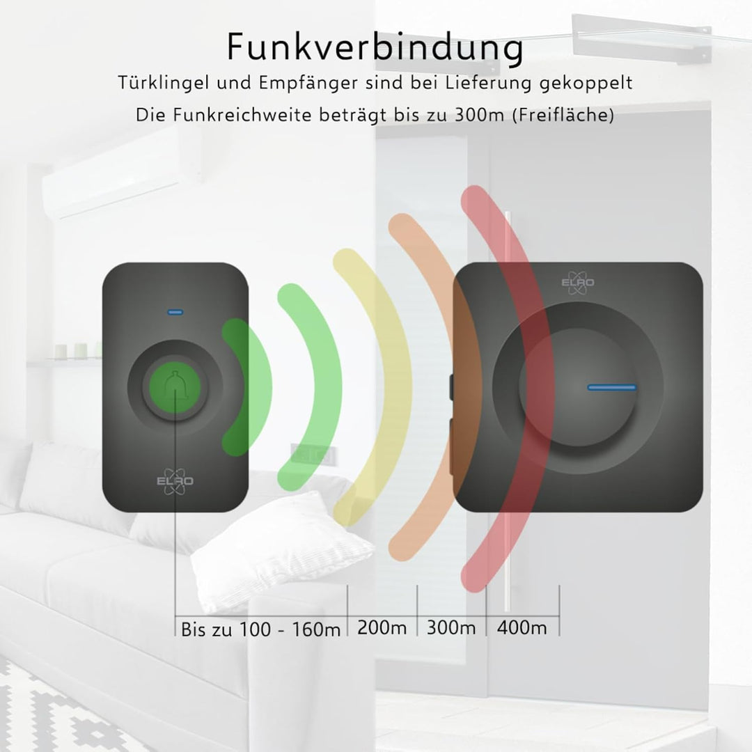 ELRO DB3000 Funk Türklingel Set 2X Plug-in Empfänger für Steckdose - Wasserdicht, 300m Reichweite, 6