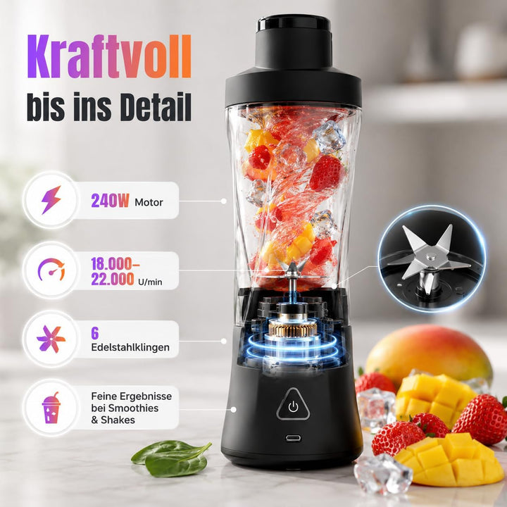 Tragbarer Mini Mixer mit Akku 6000 mAh, 240W Smoothie Maker, 650 ml To-Go Blender, 6 Edelstahlklinge