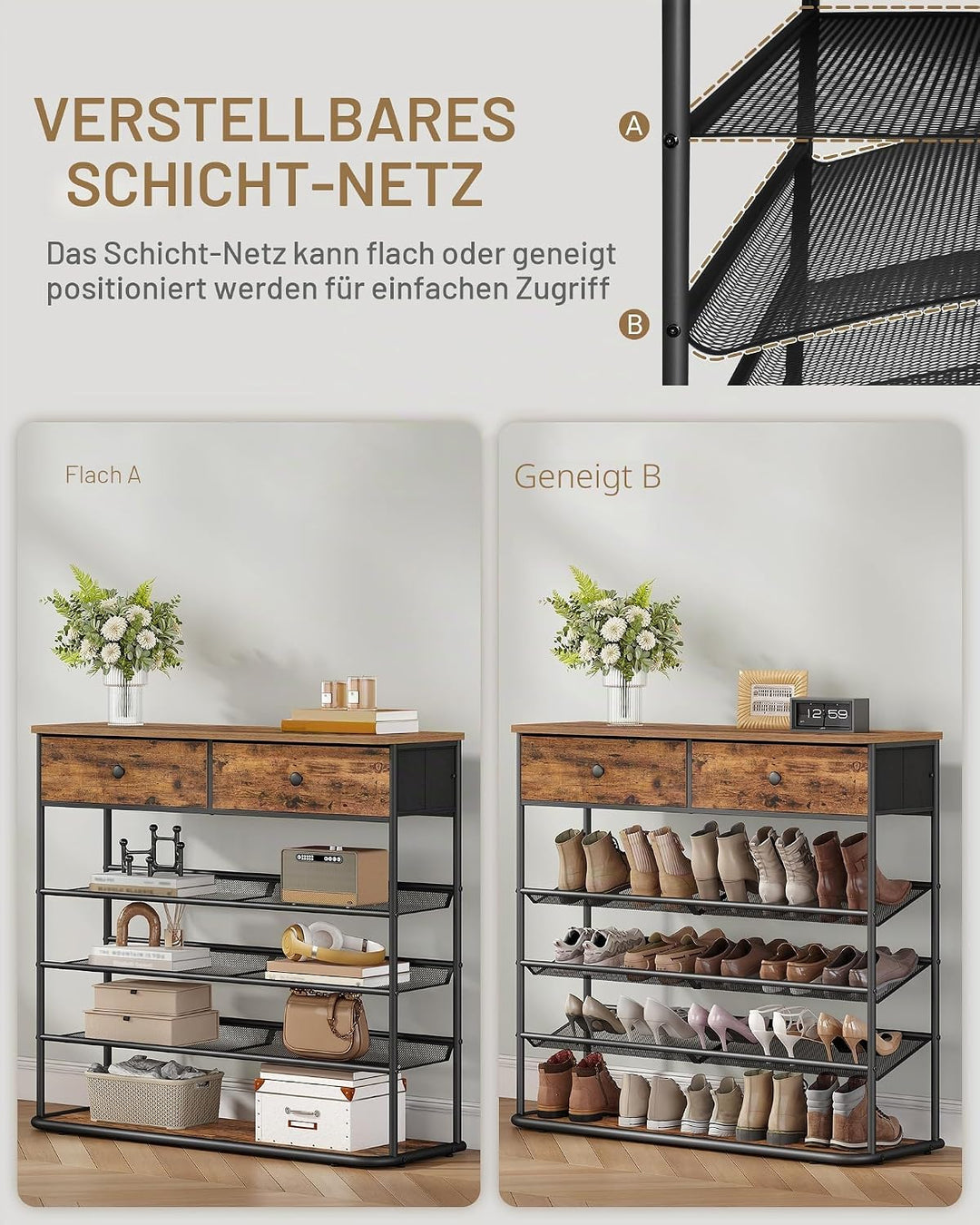 Hzuaneri Schuhregal, 5 Ebenen, 2 Stoffschubladen, 3 Gittern, Verstellbaren | Schuhständer für Eingan
