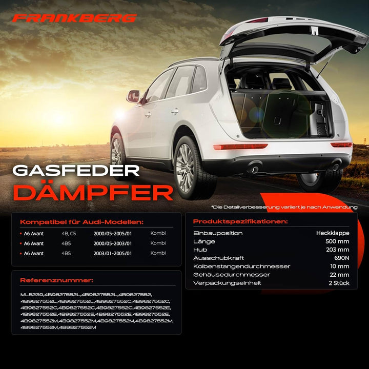 Frankberg 2x Gasfeder Dämpfer Heckklappe Kompatibel mit A6 Avant 4B C5 Kombi 2000-2005 A6 Avant 4B5