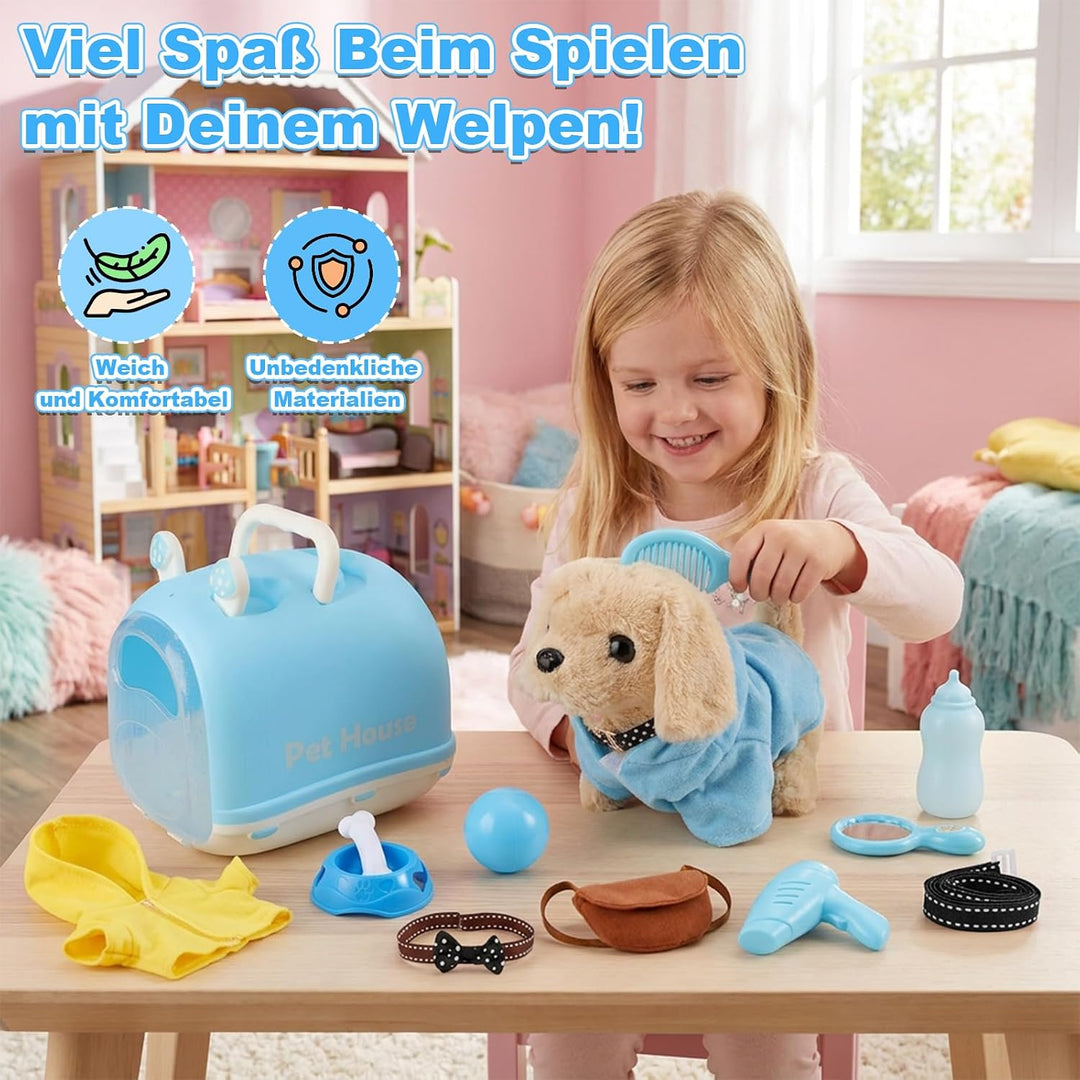 Hund Spielzeug Kinder, 14 PCS Spiel Kuscheltier Hund mit Leine, Interaktives Plüsch Hund der Läuft,