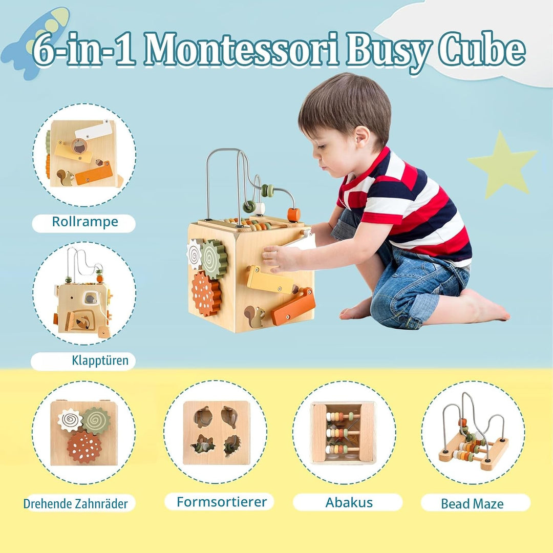 Smartwo Motorikwürfel Montessori Spielzeug ab 1 Jahr, Holzspielzeug Baby ab 18 Monate, 6 in 1 Activi