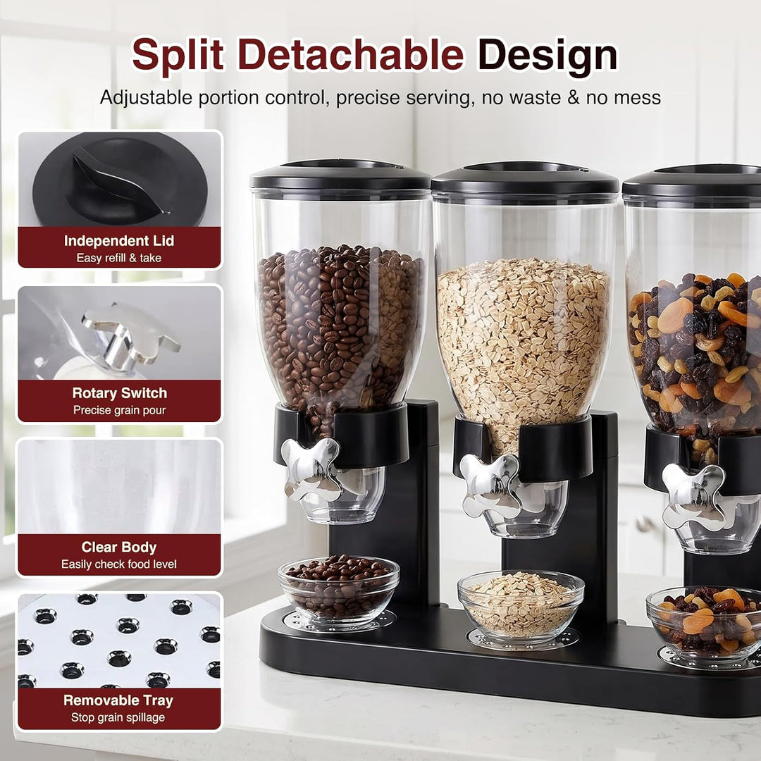 Cereal Dispenser Countertop 2L, Dreifacher Müslispender, Luftdichte Vorratsdosen mit Drehverschluss,