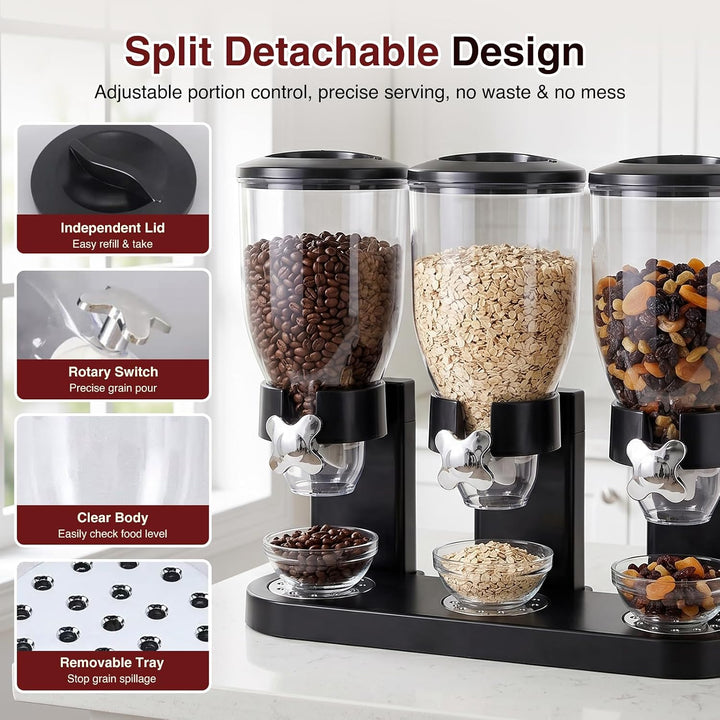 Cereal Dispenser Countertop 2L, Dreifacher Müslispender, Luftdichte Vorratsdosen mit Drehverschluss,
