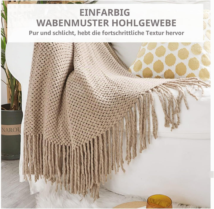 LumiSyne Strickdecke Mit Quaste Atmungsaktiv Zellulare Decke Nordisch Stil Weich Kuscheldecke Überwu