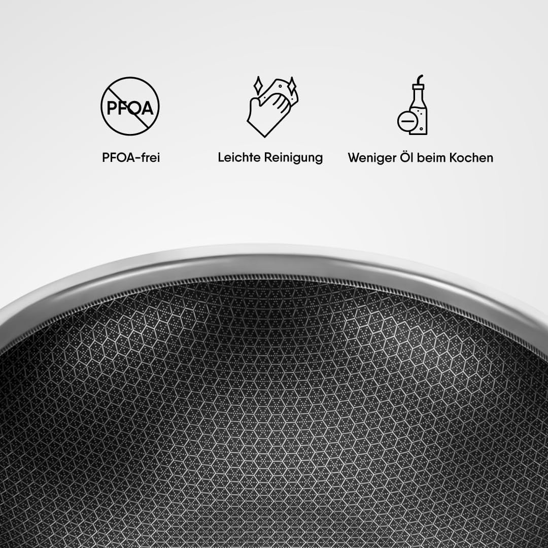 Stahl Triply Antihaft-Wok mit Deckel | Edelstahl-Wok mit Induktionsboden | Tri-Ply-Wok kratzfest | Ø