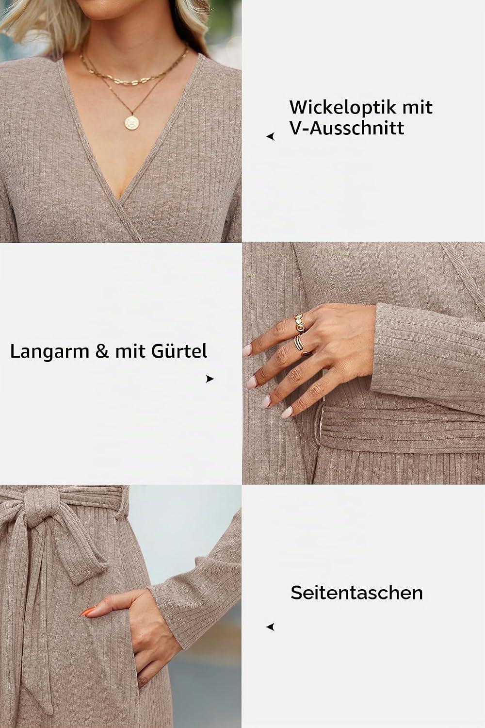 Newshows Strickkleid Damen Herbstkleid V Ausschnitt Pulloverkleid Winterkleid Kleid mit Taschen für