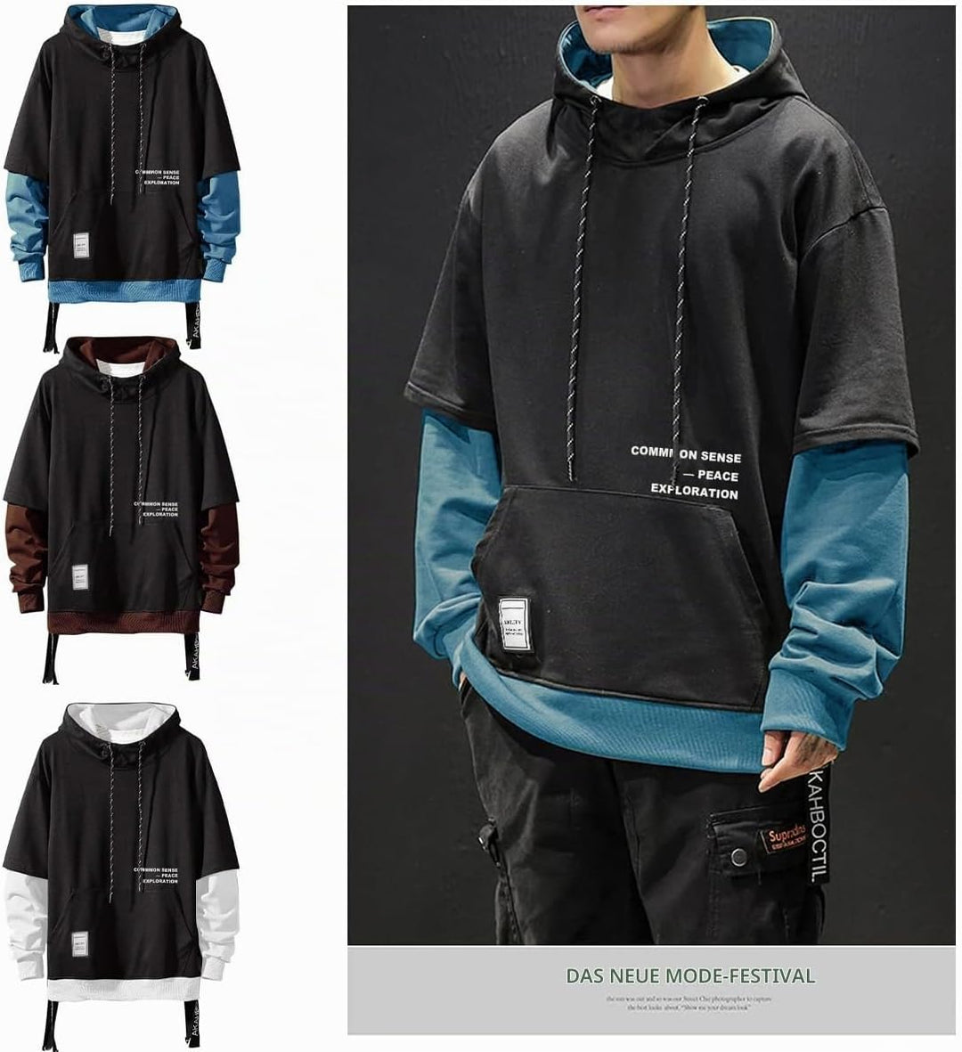 Moshtashio Kapuzenpullover für Herren, Patchwork Hoodie mit Kontrastfarbe Langarm Basic Sweatshirt P