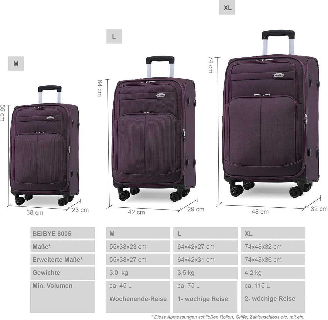 BEIBYE Leichter Stoffkoffer Kofferset Trolley Aussentaschen Dehungsfuge mehr Stauraum mit Zahlenschl