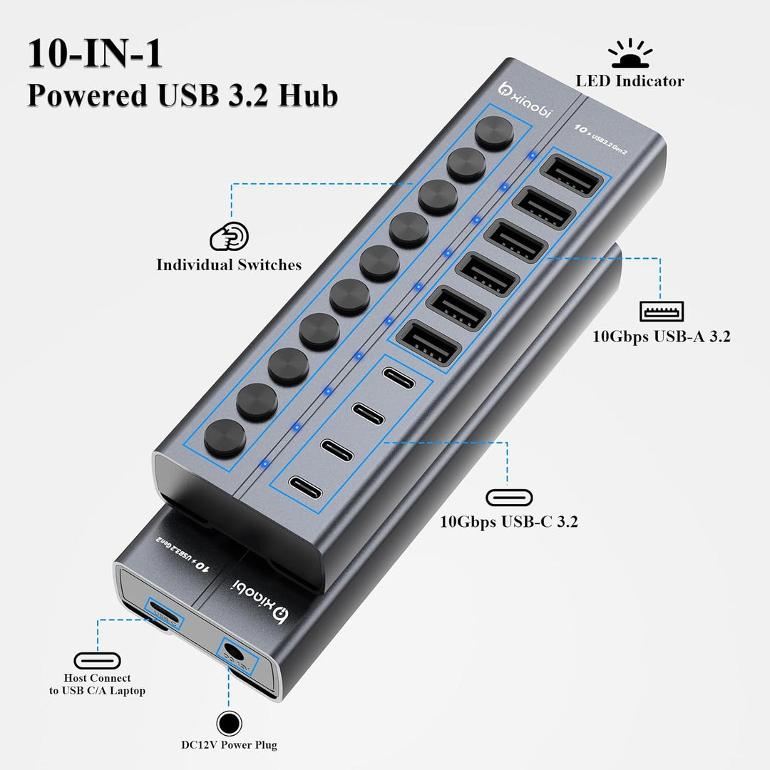 10 Port USB Hub mit Netzteil 60W - 10Gbps USB 3.2 Gen 2 Hub Aktiv aus Aluminium mit 6 USB-A & 4 USB-