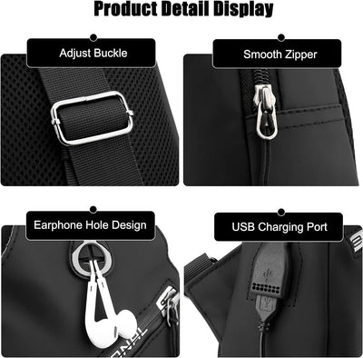 FANDARE Herren Brusttasche Sling Bag Umhängetaschen Schultertasche mit USB-Ladeanschluss Bauchtasche